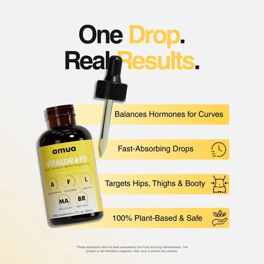 Original AMUA Vital Drops promotional image showing the dropper bottle and advertised product claims